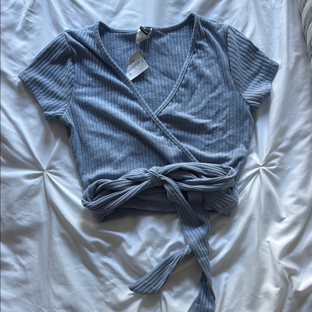 Women's Blue Wrap Top with tie on front